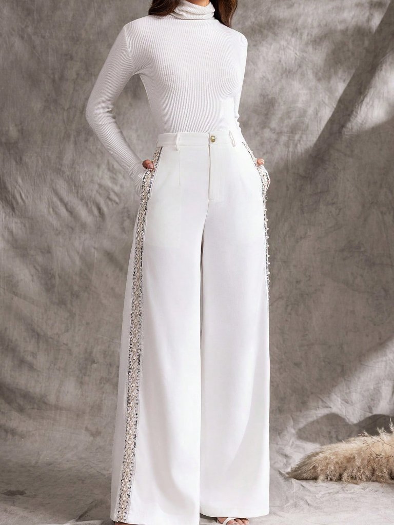 White Luxury Women's Straight Leg Sequin Embroidery Pants